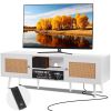VEVOR Rattan TV Stand for 65 inch TV, Boho TV Stand with Rattan Door, Entertainment Center with Build-in Socket and USB Ports