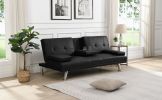 Sofa Bed with Armrest two holders WOOD FRAME, STAINLESS LEG, FUTON BLACK PVC