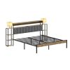 King Bed Frame with Storage, Platform Bed King Size with LED Lights and Charging Station, Dark gray velvet Headboard with Bookcase Shelves